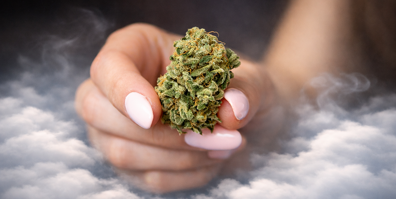 Main tenant une fleur de CBD premium avec fumée sur fond doux et apaisant