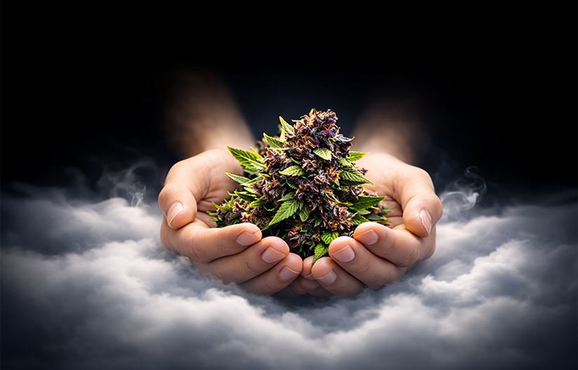 Mains tenant une fleur de CBD premium illustrant la qualité naturelle et le bien-être