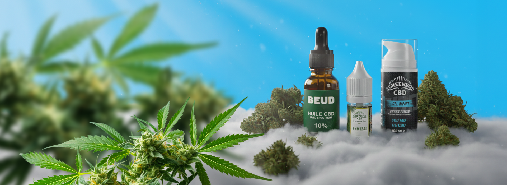 Bannière présentant des produits CBD bien-être : huile CBD full spectrum 10%, gel effet froid et flacon aromatique, entourés de fleurs de cannabis sur un fond naturel apaisant